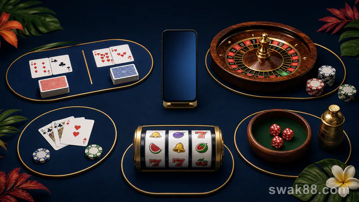 Baccarat, roulette, blackjack, slots, and Sic Bo arranged around a mobile phone