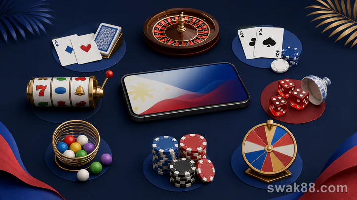 Eight casino game formats arranged around a Philippine mobile phone